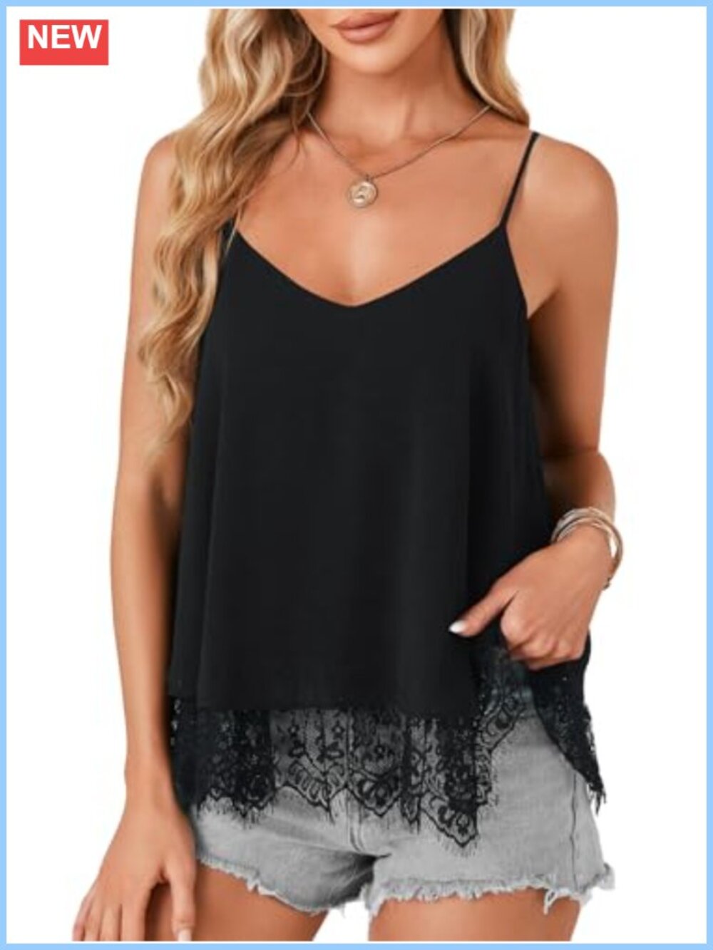Chiffon Lace Trim V-Neck Cami Top Adjustable Spaghetti Strap Backless